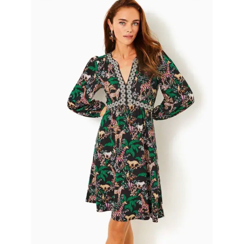 Lilly Pulitzer Wexlee Dress 8 Golden Hour Glam Jungle Animal 3/4 Sleeve
